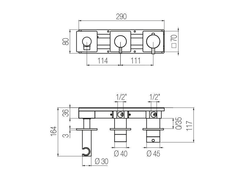 Horizontal thermostatic shower set with 2-ways diverter