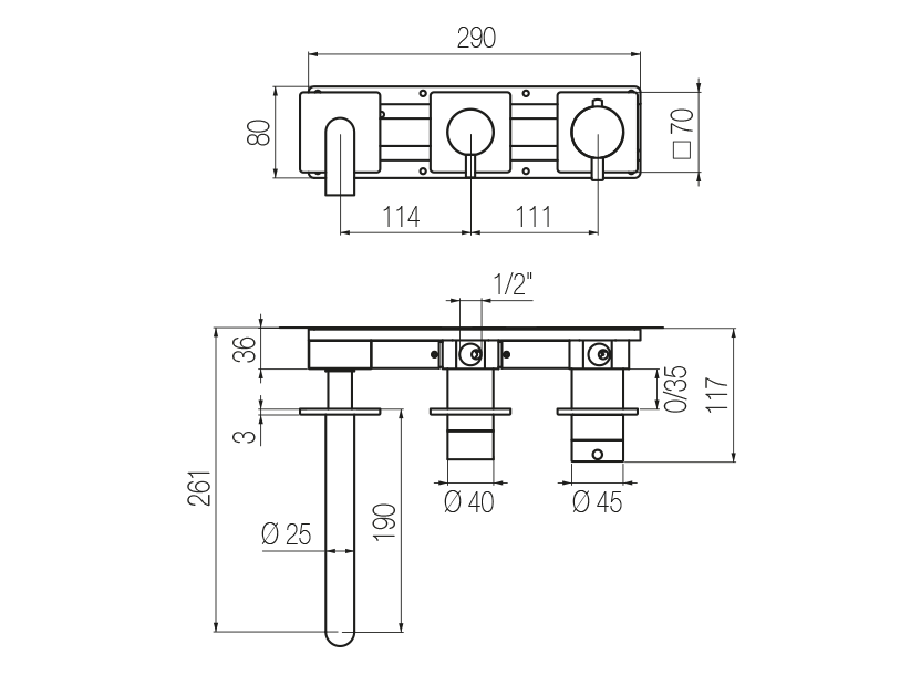 Horizontal thermostatic bath set with 2-ways diverter