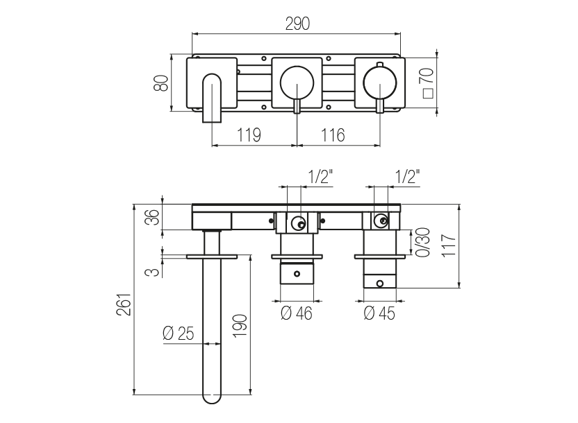 Horizontal thermostatic bath set with 3-ways diverter