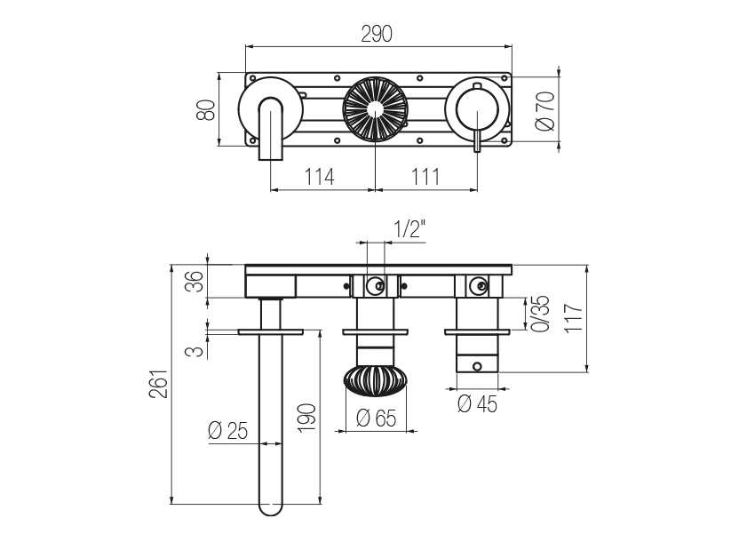 Horizontal thermostatic bath set with 2-ways diverter