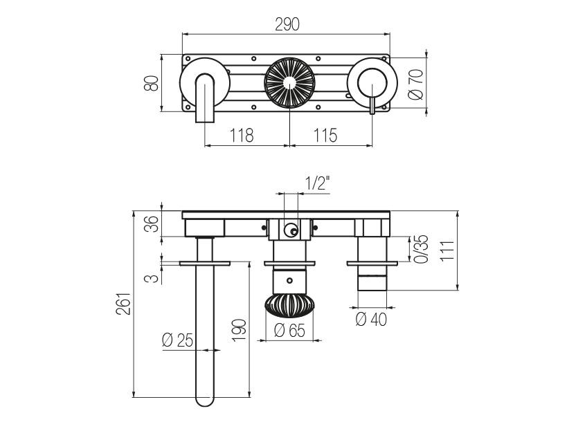 Horizontal bath set with 3-ways diverter
