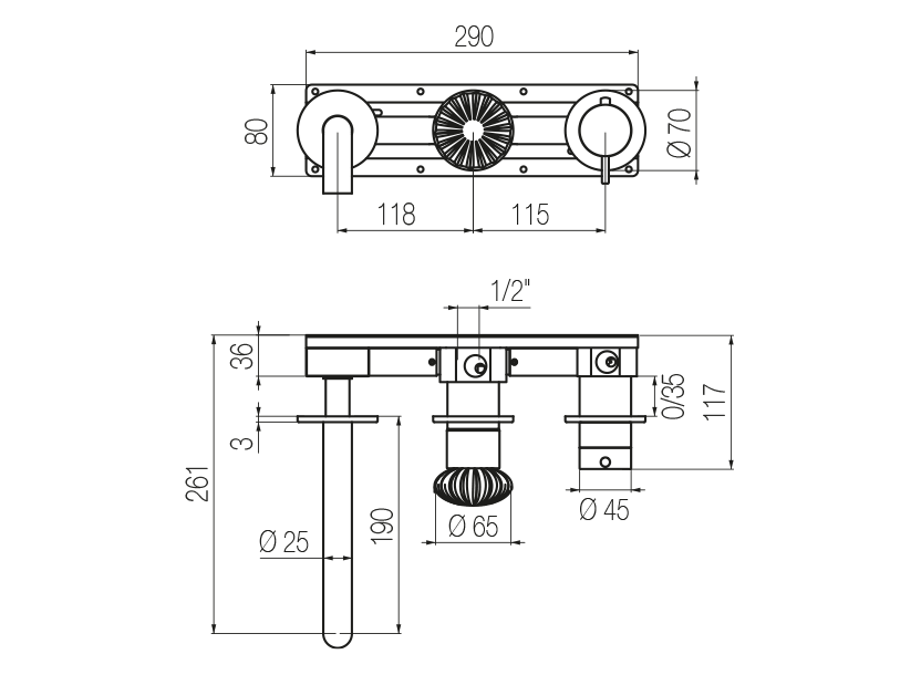 Horizontal thermostatic bath set with 3-ways diverter