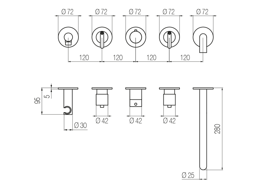  Horizontal bath set with 2-ways diverter