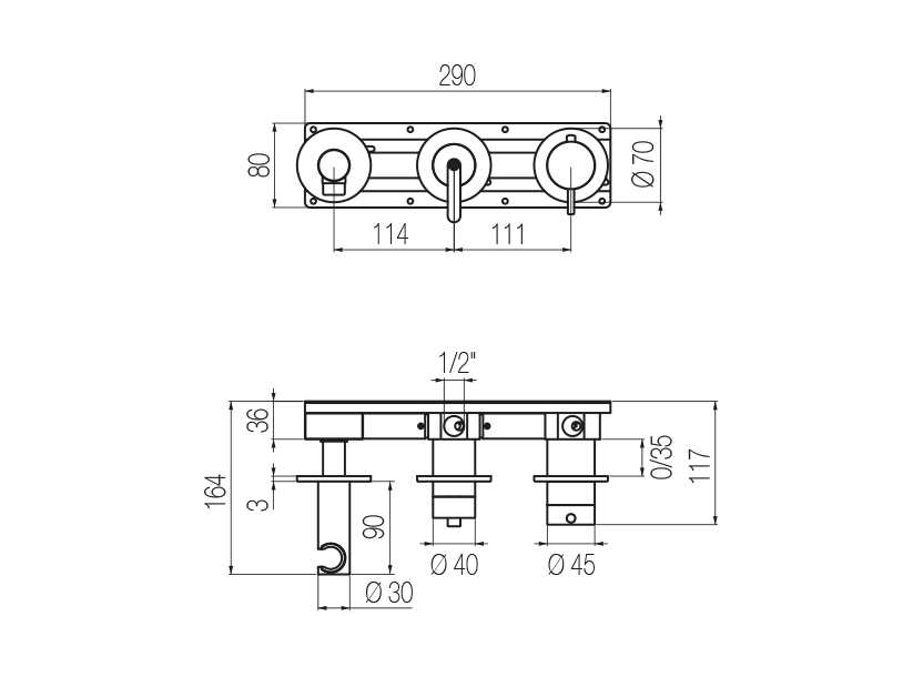 Thermostatic horizontal shower set with 2-ways diverter