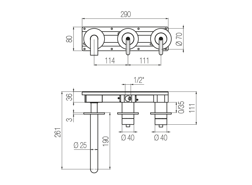  Horizontal bath set with 2-ways diverter