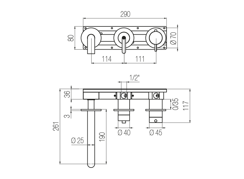  Horizontal thermostatic bath set with 2-ways diverter