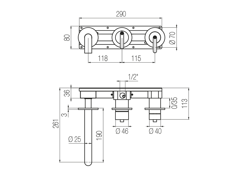  Horizontal bath set with 3-ways diverter