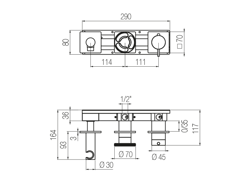  Horizontal thermostatic shower set with 2-ways diverter