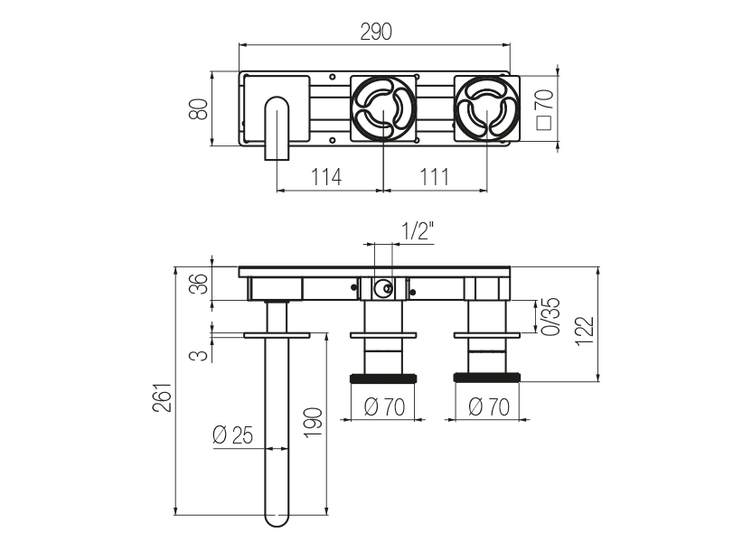  Horizontal bath set with 2-ways diverter