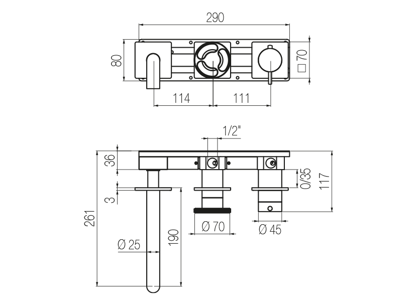  Horizontal thermostatic bath set with 2-ways diverter