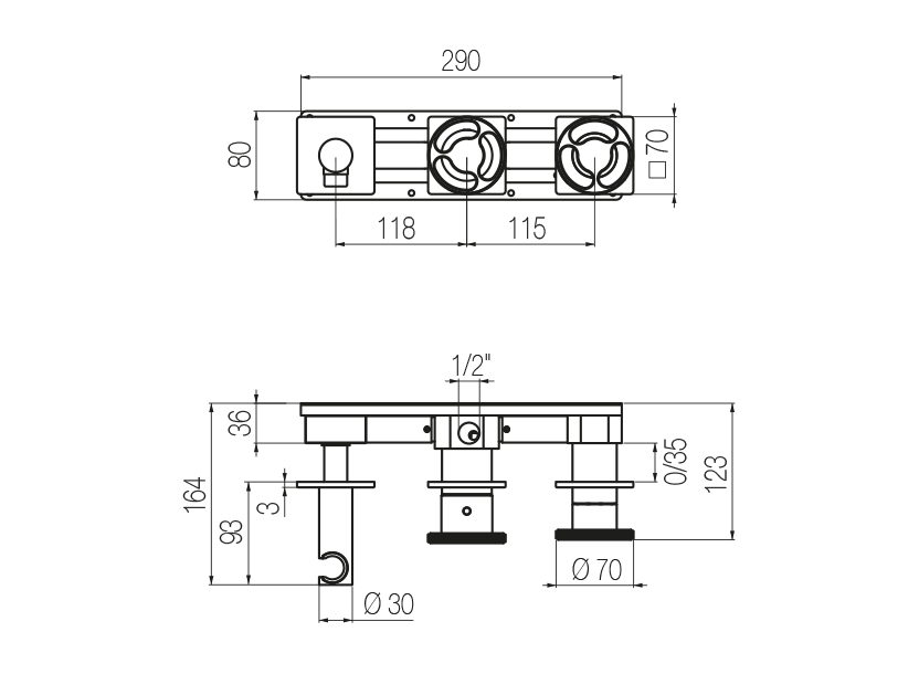  Horizontal shower set with 3-ways diverter