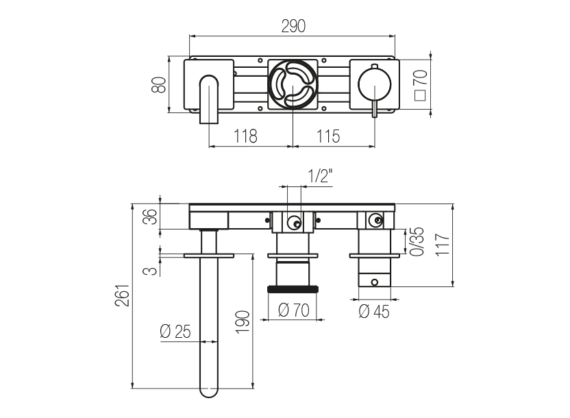  Horizontal thermostatic bath set with 3-ways diverter