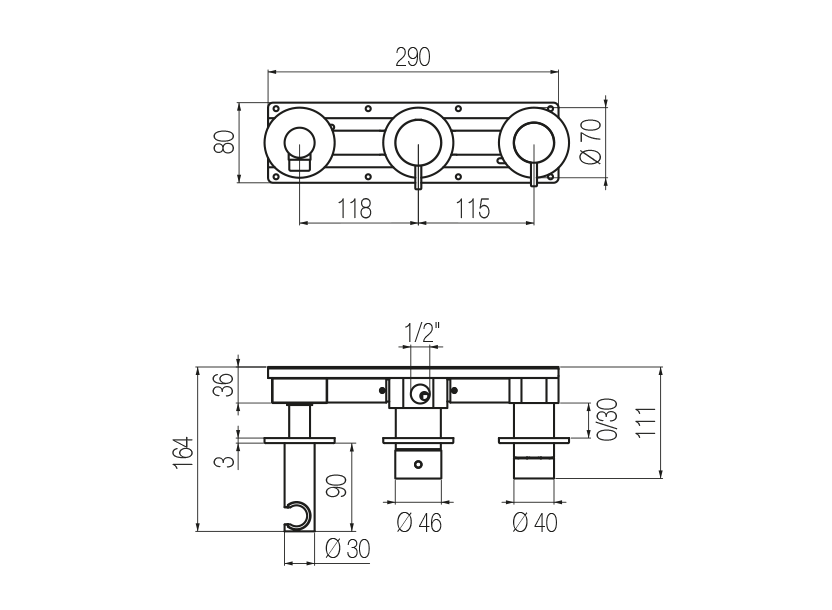 Set doccia orizzontale 3 vie 