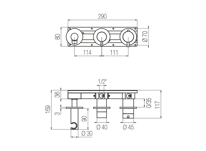 Horizontal thermostatic shower set with 2-ways diverter