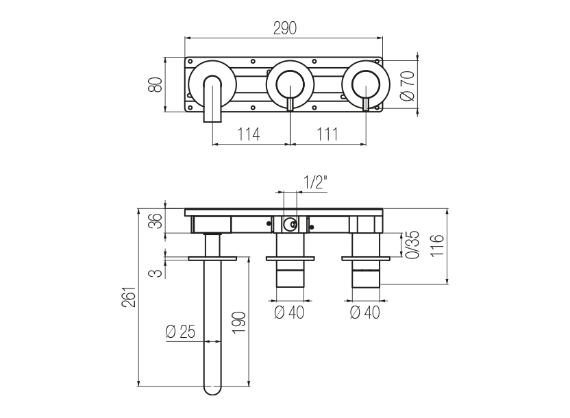 Horizontal bath set with 2-ways diverter