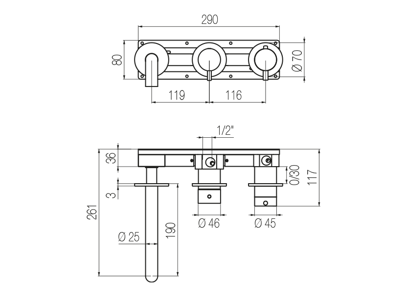 Horizontal thermostatic bath set with 3-ways diverter