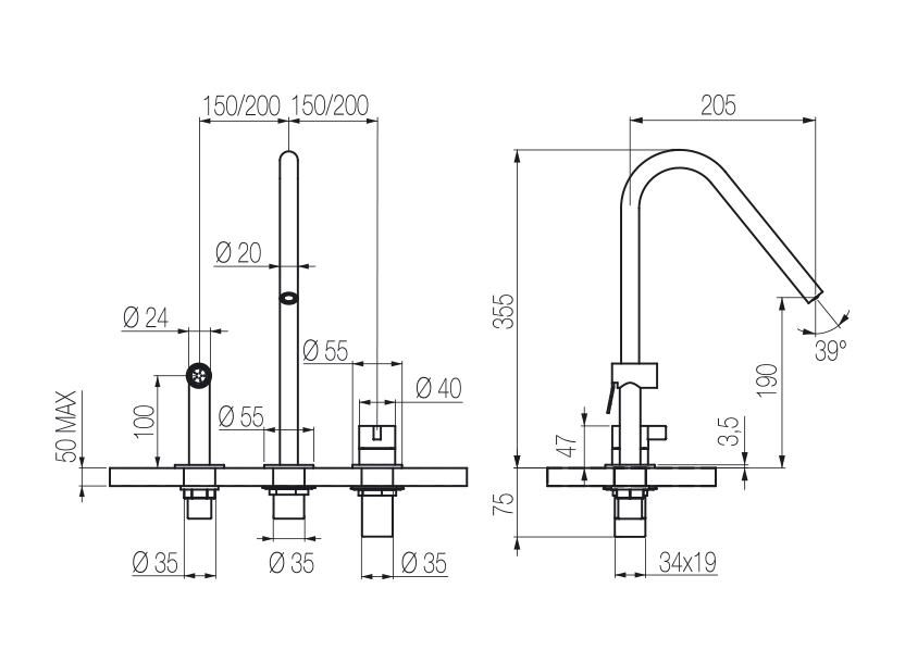 Toox 3-hole sink mixer