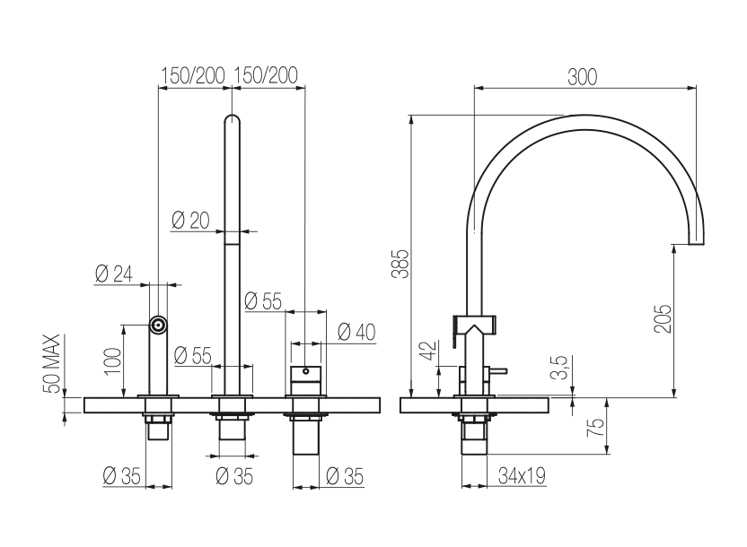 Toki 3-hole sink mixer