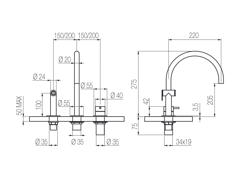 Toki 3-hole sink mixer