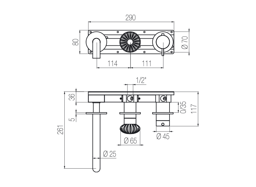 Horizontal thermostatic bath set with 2-ways diverter