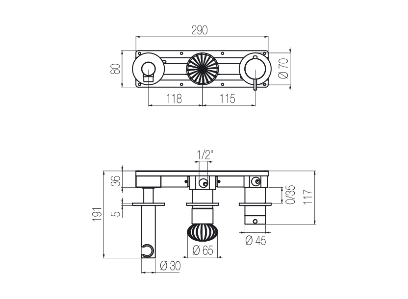 Horizontales Thermostat-Duschset mit 3-Wege-Umsteller