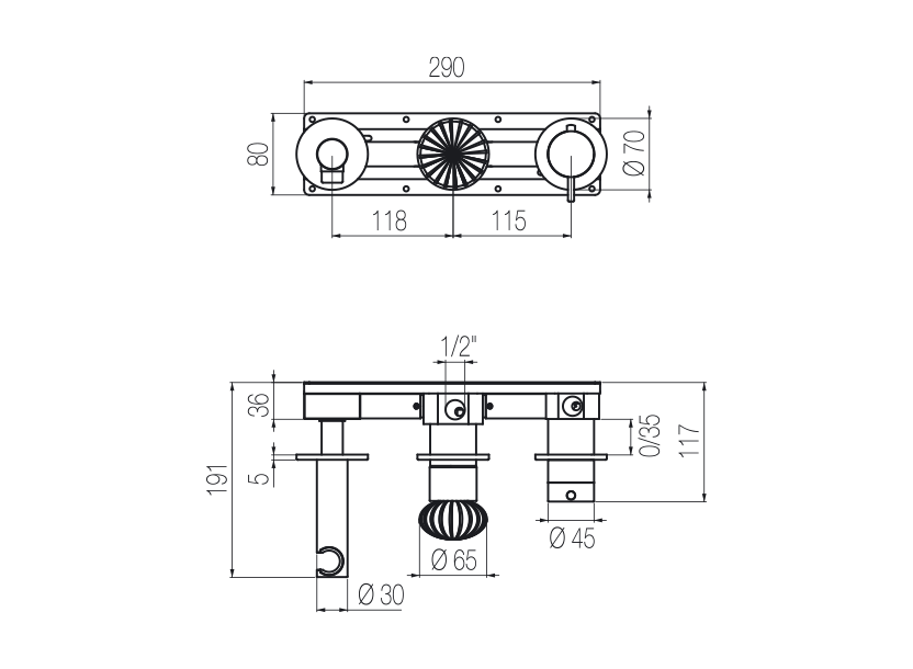 Horizontal thermostatic shower set with 3-ways diverter