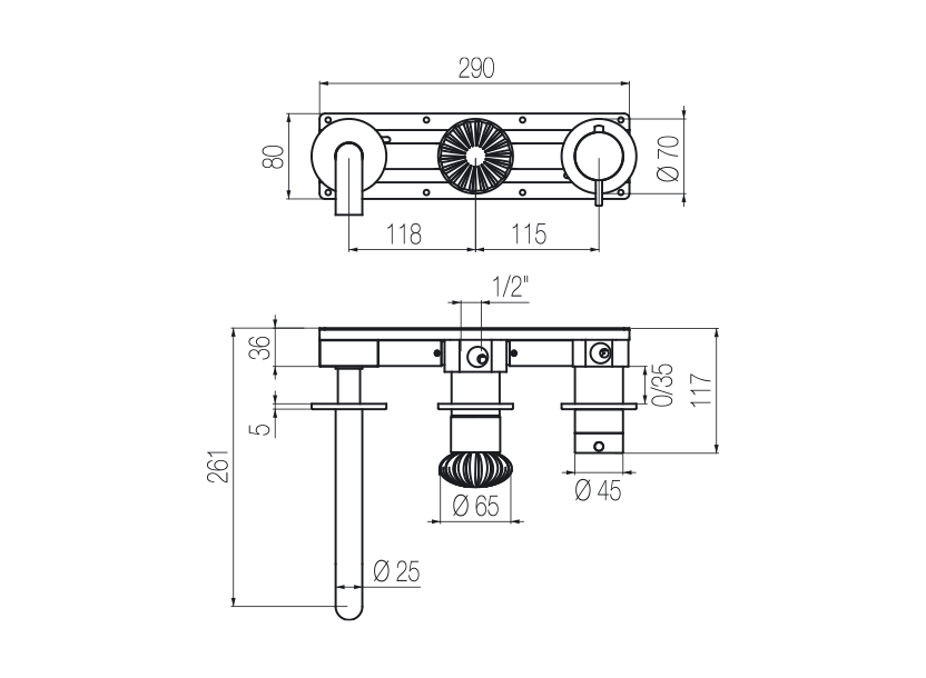 Horizontales Thermostat-Wannenset mit 3-Wege-Umsteller