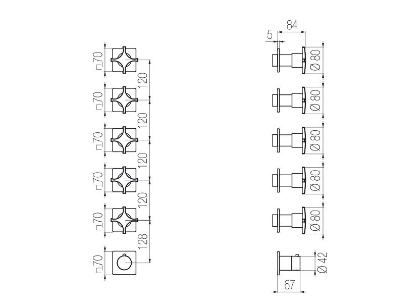 Thermostatic mixer with 5 manifolds