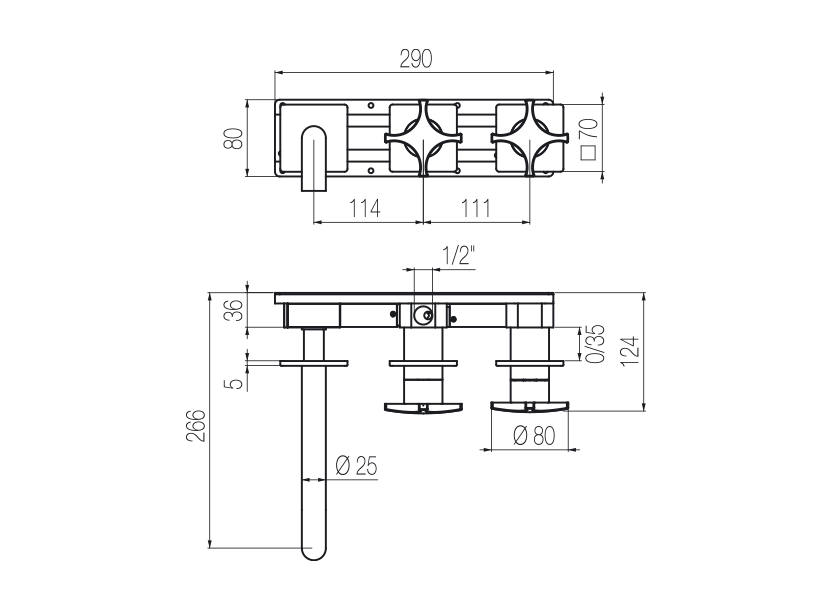 Horizontal bath set with 2-ways diverter