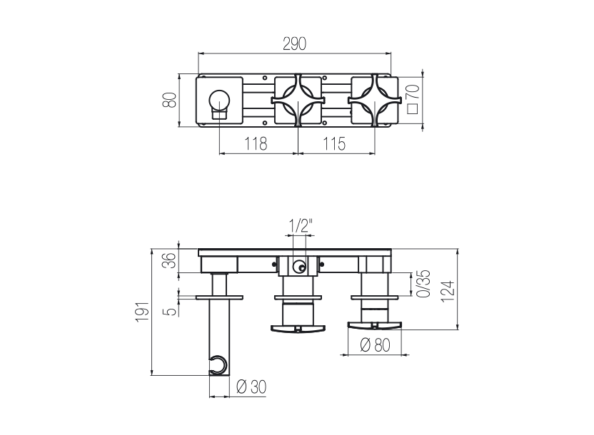 Horizontal shower set with 3-ways diverter