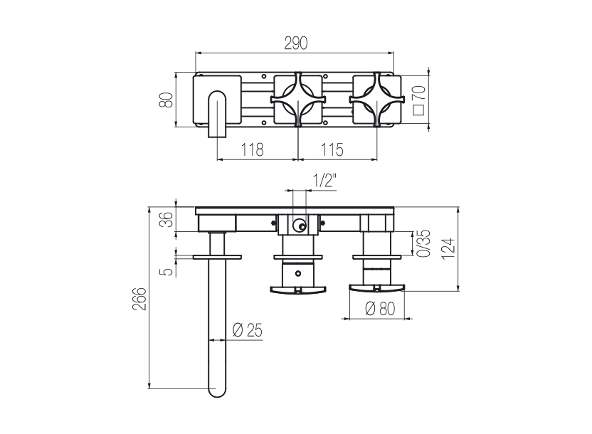 Horizontal bath set with 3-ways diverter