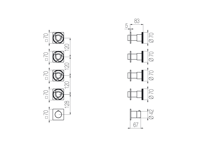  Thermostatic mixer with 4 manifolds