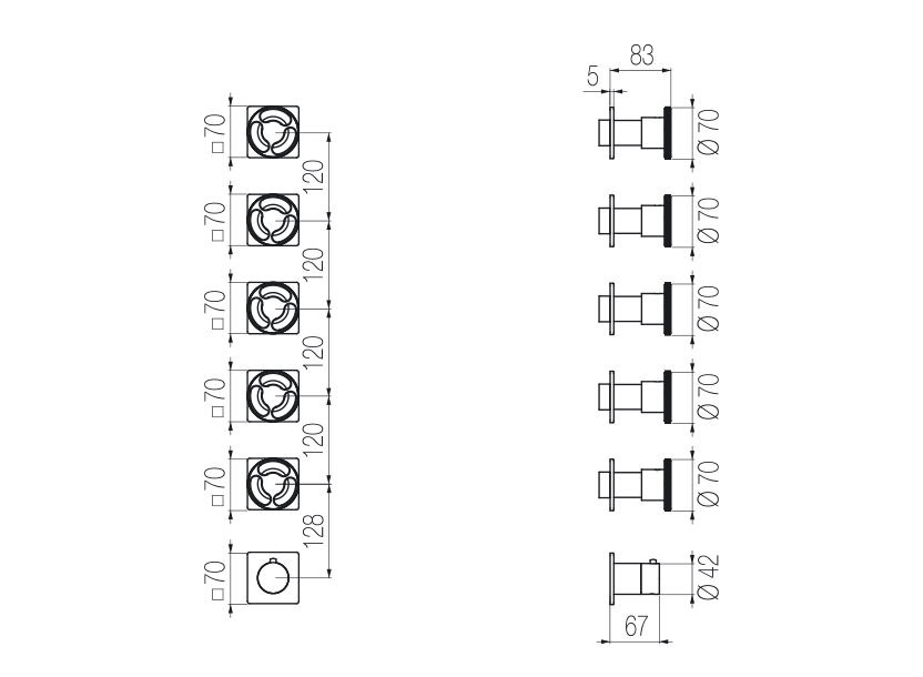  Thermostatic mixer with 5 manifolds