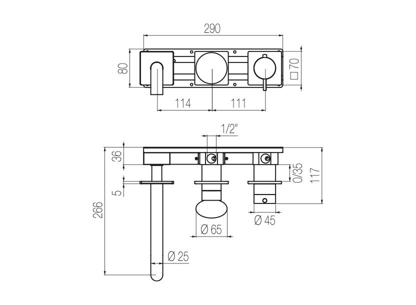 Horizontales Thermostat-Wannenset mit 2-Wege-Umsteller