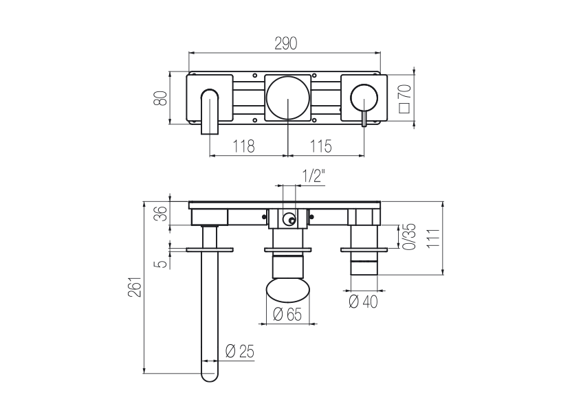 Horizontal bath set with 3-ways diverter