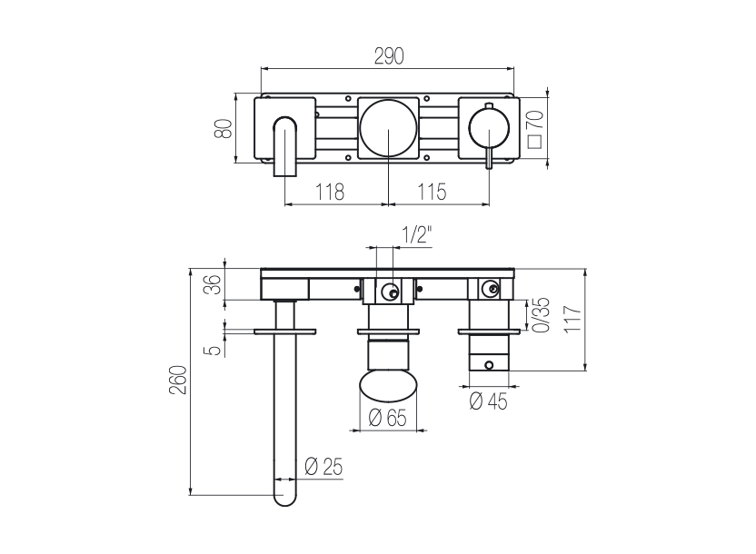 Horizontal thermostatic bath set with 3-ways diverter