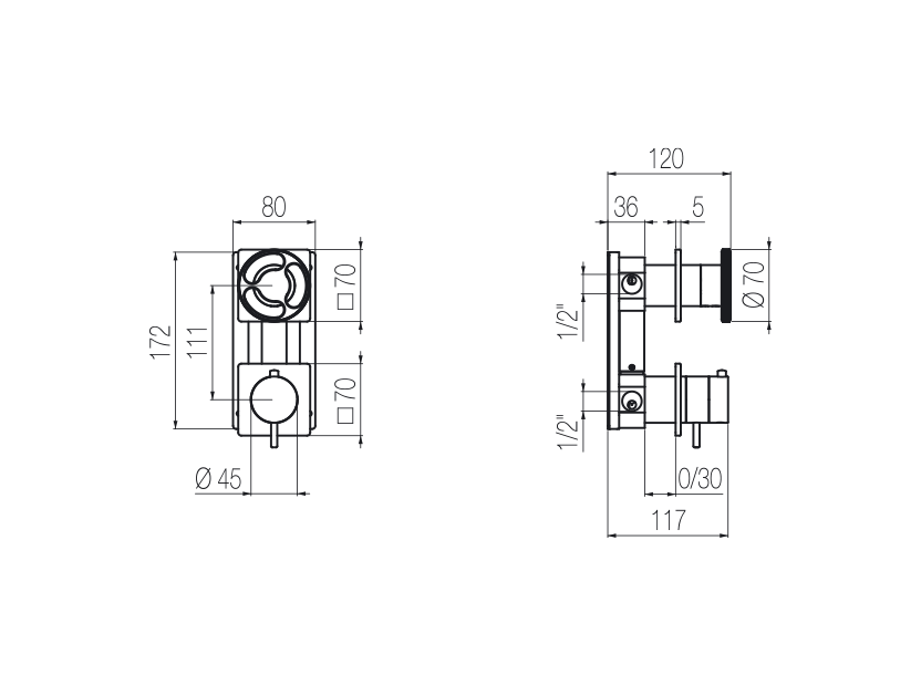 Thermostat-Brausearmatur für Unterputzmontage mit integriertem 2-Wege-Umsteller