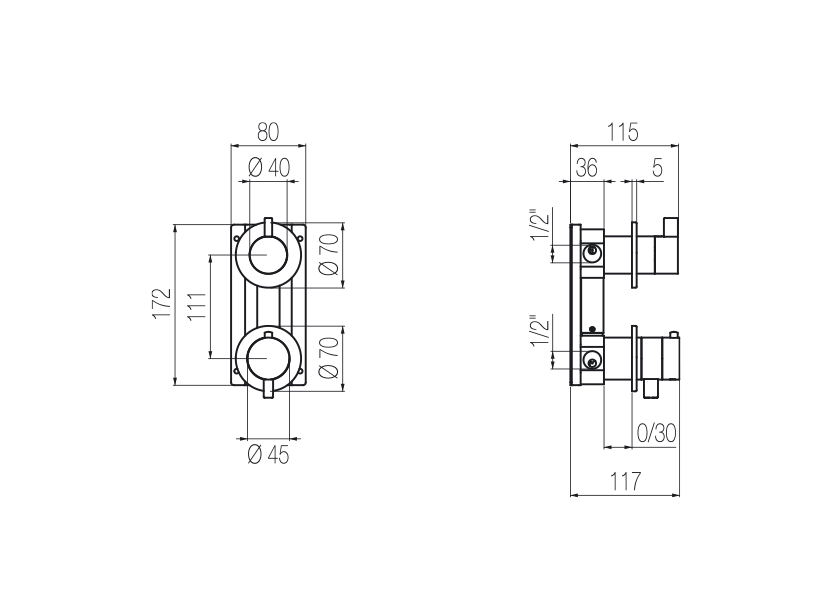 Thermostat-Brausearmatur für Unterputzmontage mit integriertem 2-Wege-Umsteller