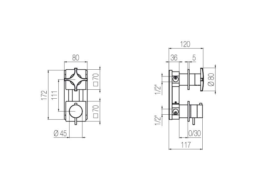 Thermostat-Brausearmatur für Unterputzmontage mit integriertem 2-Wege-Umsteller