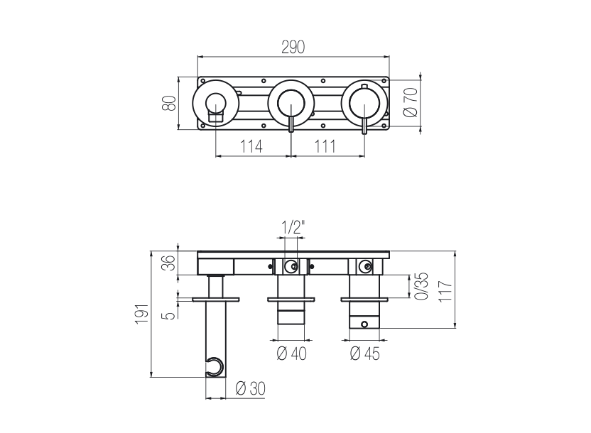  Horizontal thermostatic shower set with 2-ways diverter