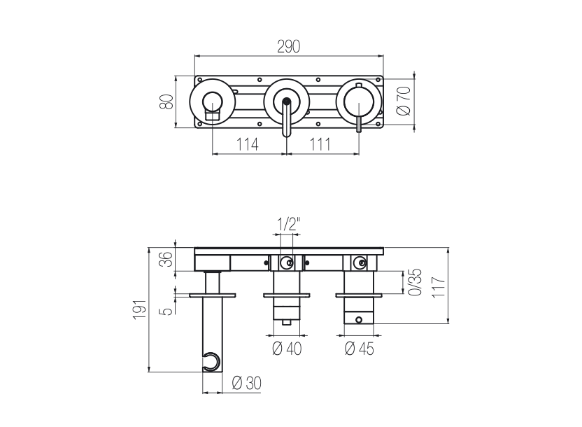 Thermostatic horizontal shower set with 2-ways diverter