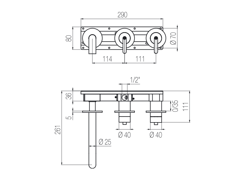  Horizontal bath set with 2-ways diverter