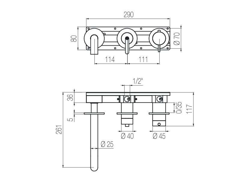  Horizontal thermostatic bath set with 2-ways diverter