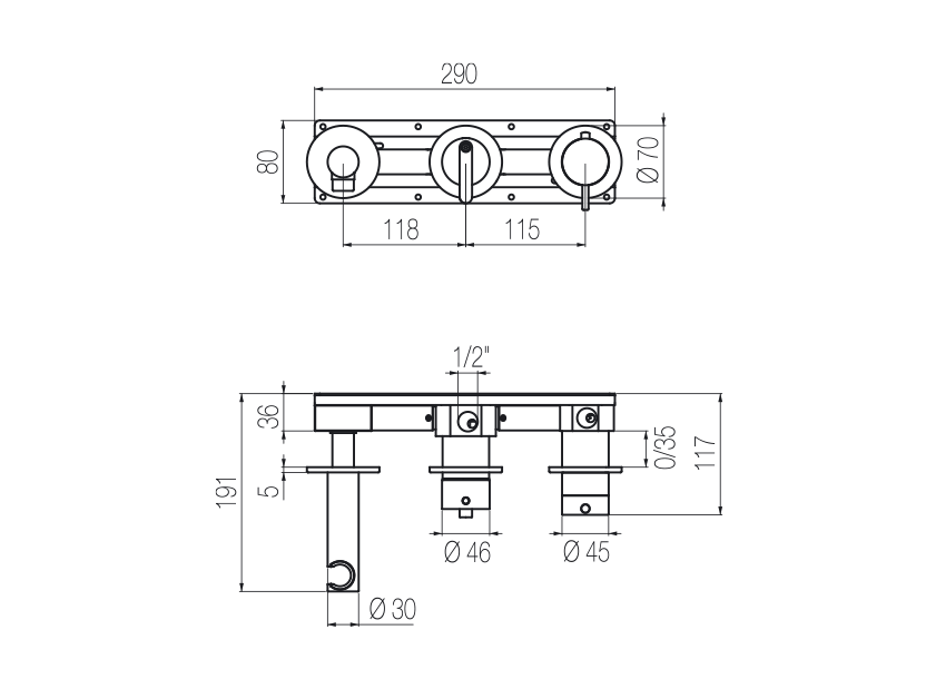 Horizontales Thermostat-Brauseset mit 3-Wege-Umsteller