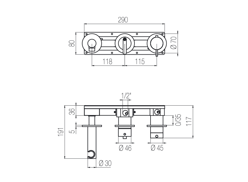  Horizontal thermostatic shower set with 3-ways diverter