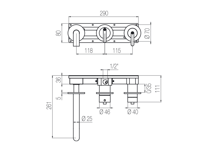  Horizontal bath set with 3-ways diverter