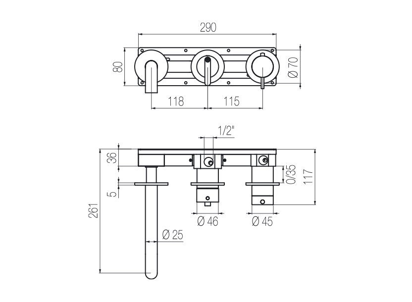  Horizontal thermostatic bath set with 3-ways diverter