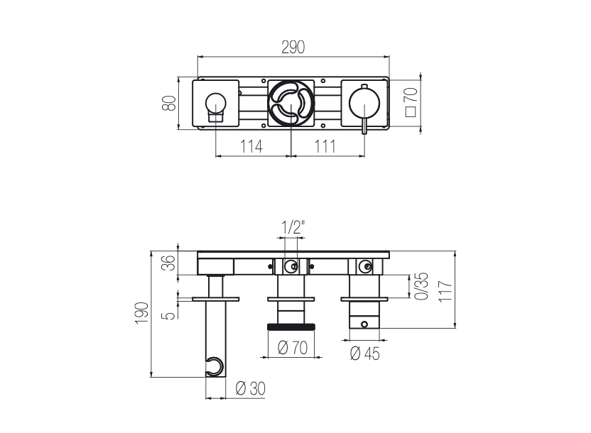 Horizontales Thermostat-Brauseset mit 2-Wege-Umsteller