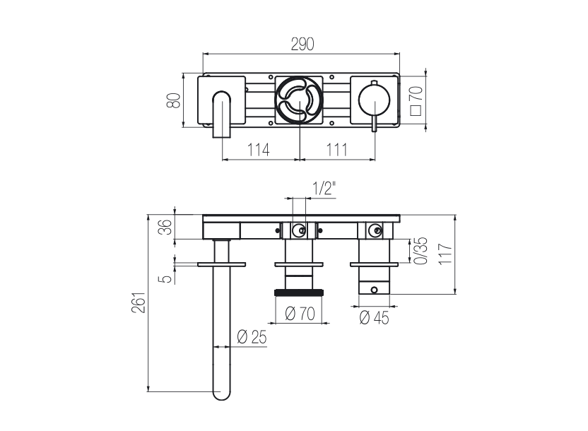 Horizontales Thermostat-Wannenset mit 2-Wege-Umsteller