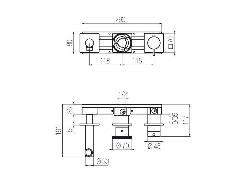 Horizontales Thermostat-Brauseset mit 3-Wege-Umsteller